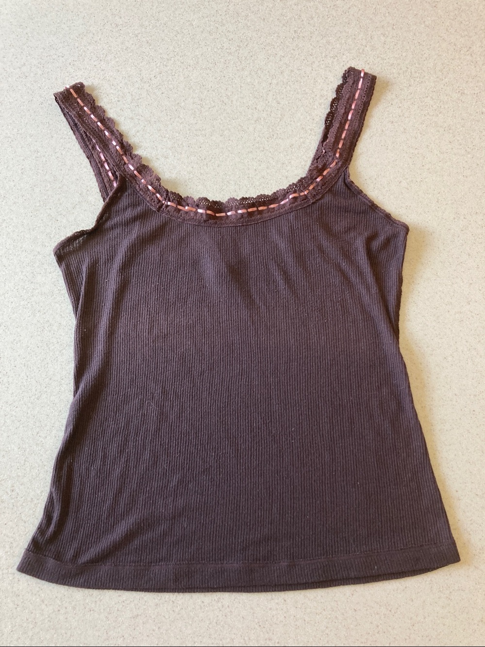 Free People Chocolate Brown Ribbed Tank Pink Contrast Trim Women Size Large - Picture 3 of 12